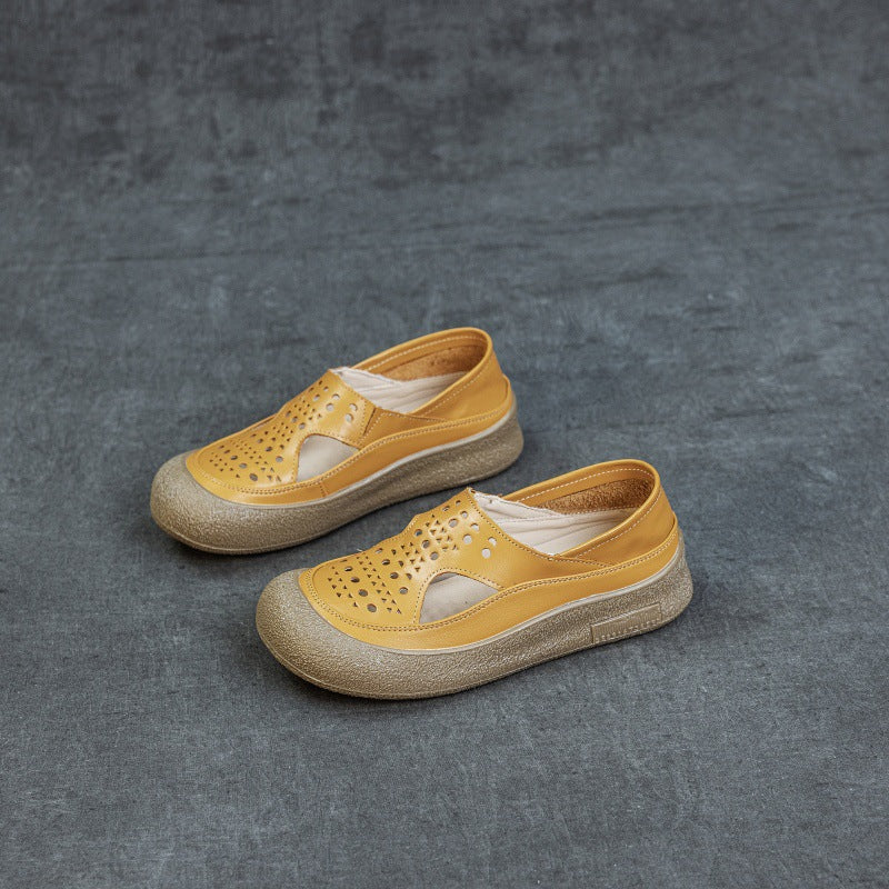 Summer Casual Leather No Slip Hollow Platform Slip On Shoes