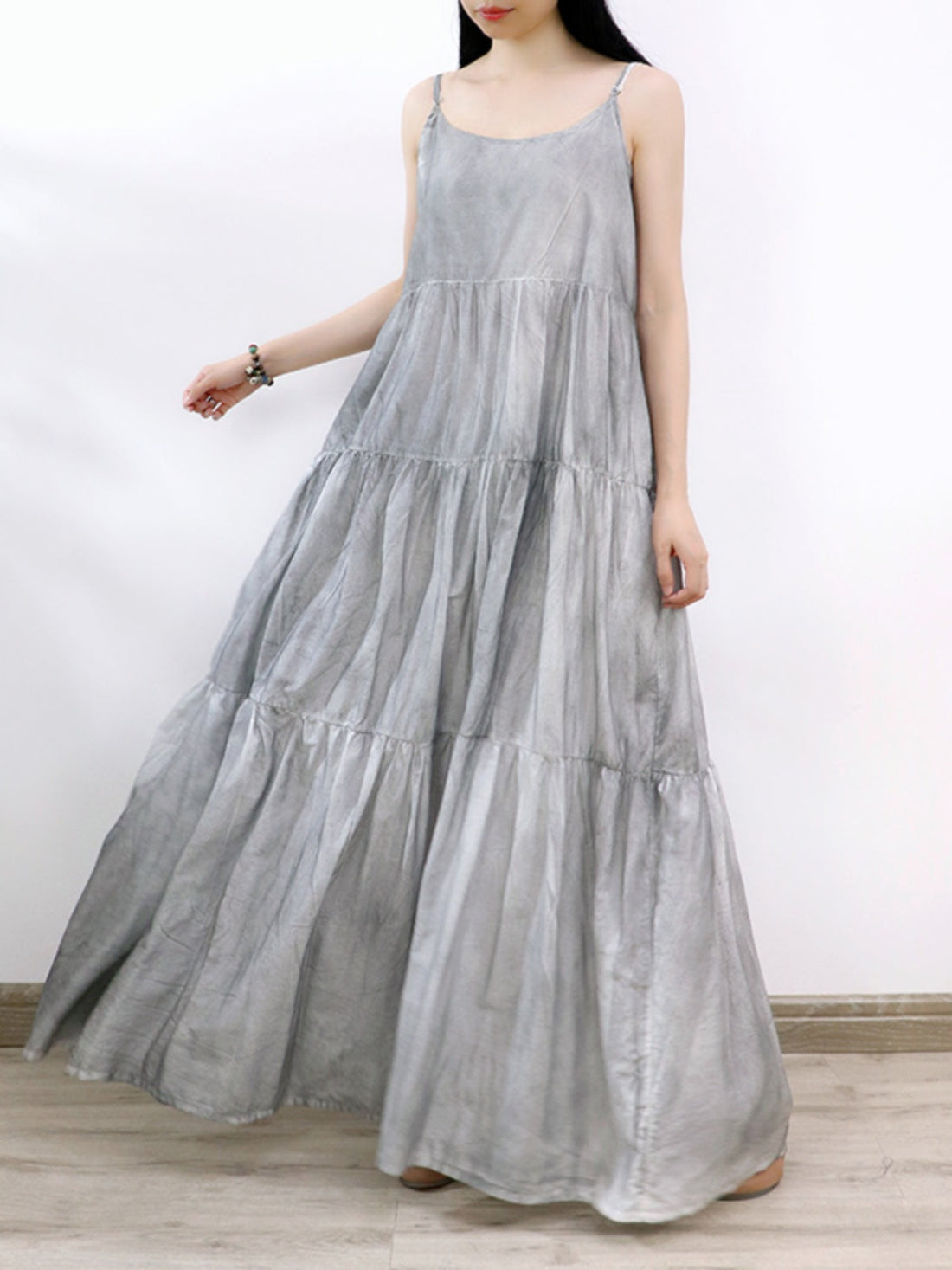 Babakud Summer Gray Tie-Dye Spaghetti Strap Wide Hemline Dress