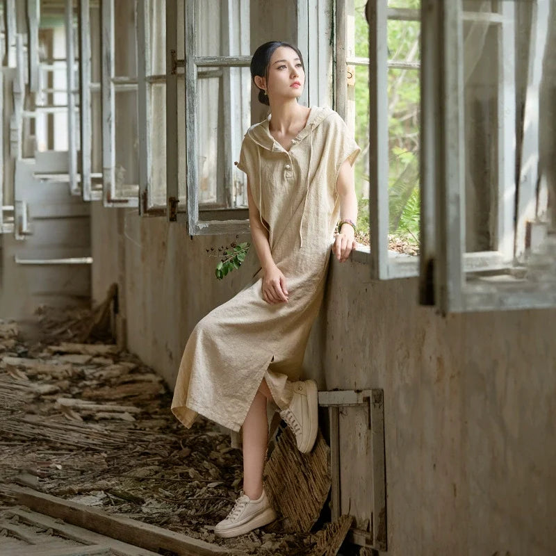 Summer Retro Linen Washed Casual Loose Hooded Dress