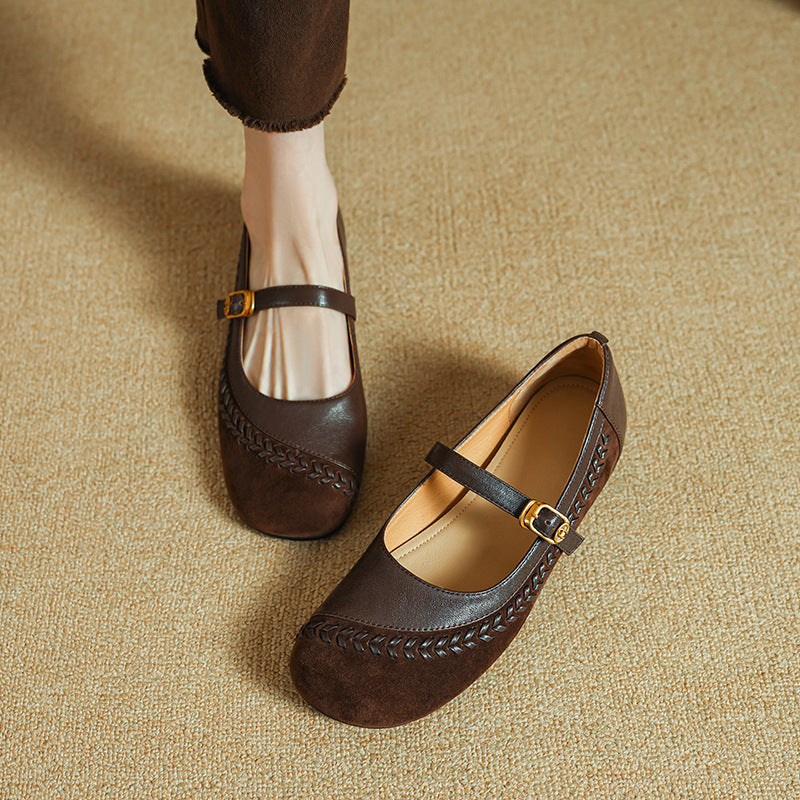 Retro Summer Leather Sueded Round Closed Toe One Straped Shoes
