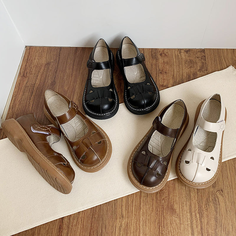 Spring Retro Soft Sole Round Toe Leather Sandals for Women