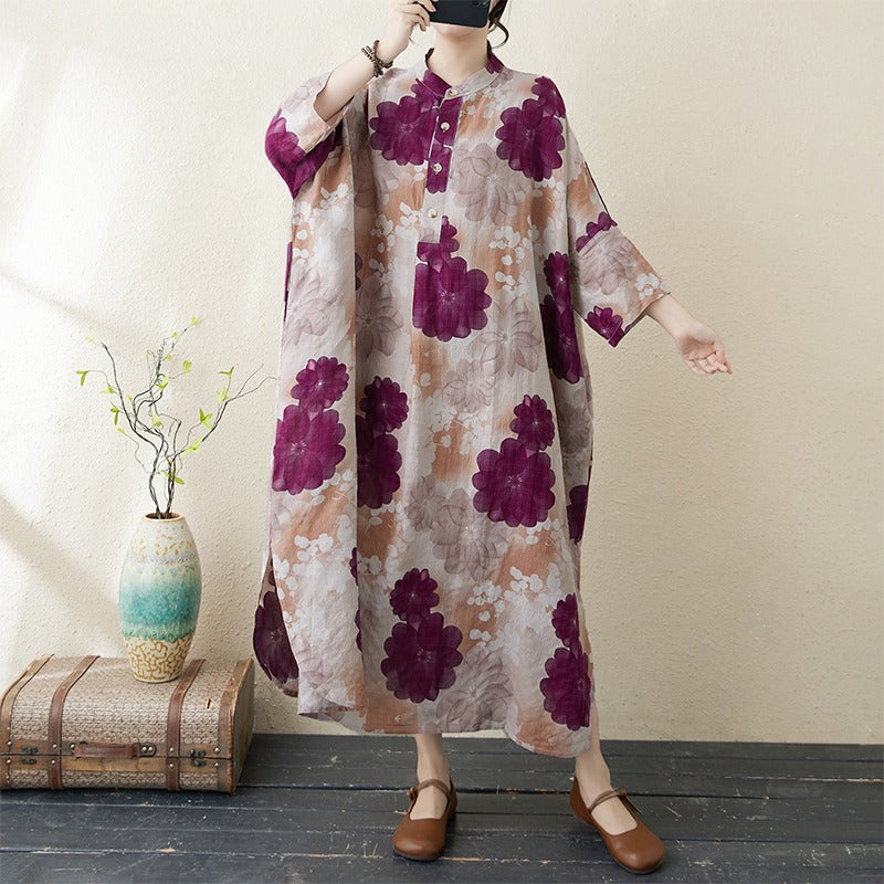 Women Spring Retro Cotton-Linen Printed Blossom Maxi Dress