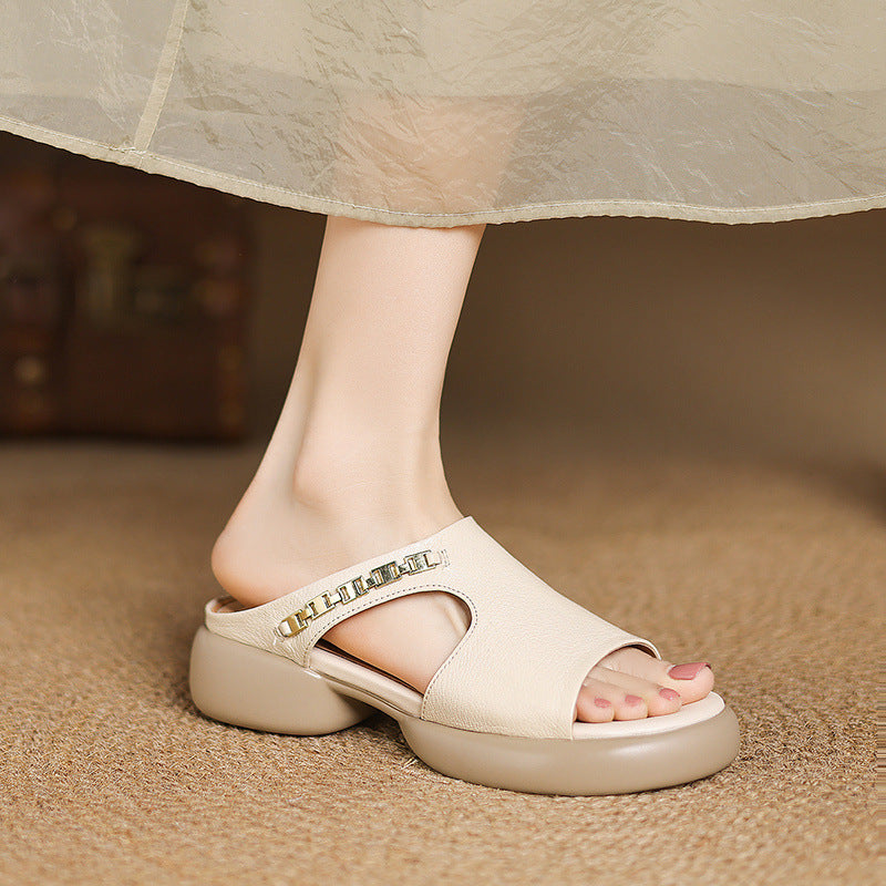 Summer Sheepskin Leather Open Toe Casual Chunky Shoes