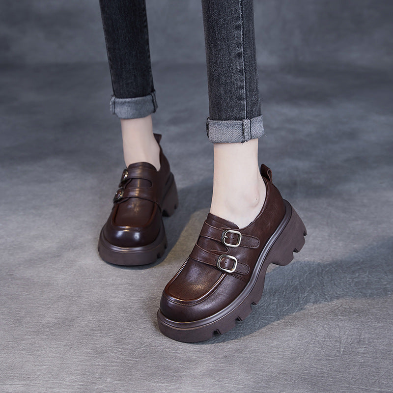 Babakud Women Spring Retro Chunky Loafers with Belt Buckle Design