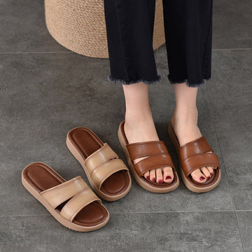 Summer Top Genuine Leather Casual Versatile Platform Slippers