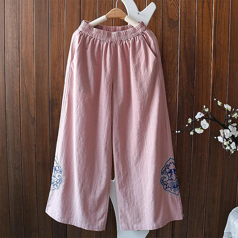 Women Autumn Linen Loose Embroidered Comfortable Pants