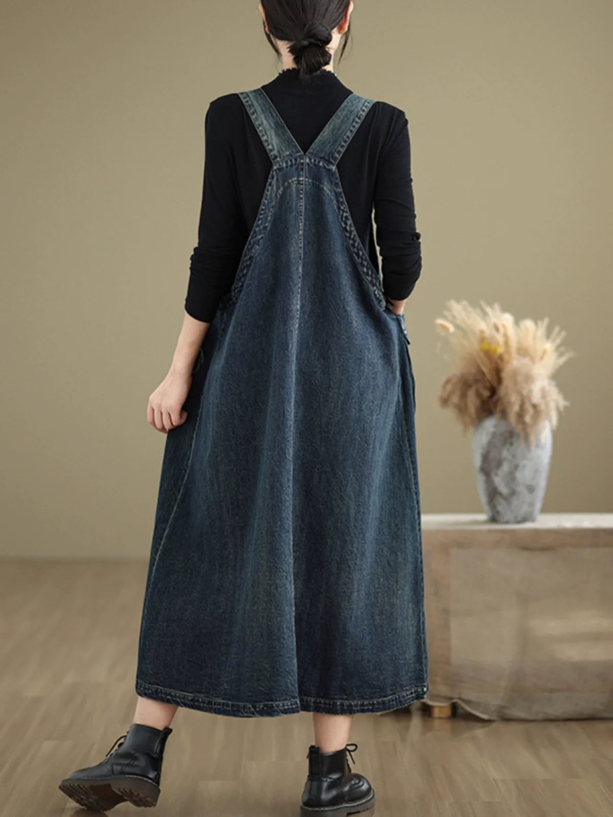 Women Spring Retro Loose Denim Pinafore Dress with Big Pockets