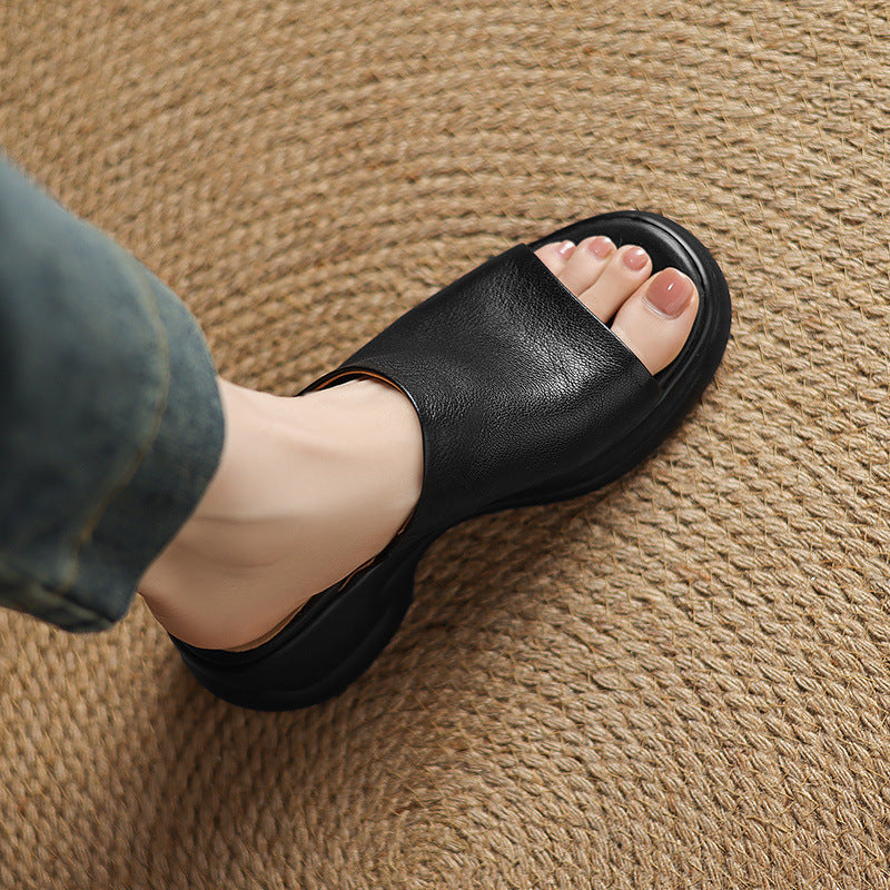 Top Genuine Leather Platform Everyday Open Toe Slippers