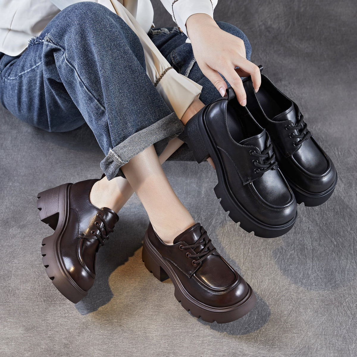 Women Autumn Leather Soft Sole Platform Casual Loafer Shoes