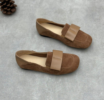Ladies Elegant Vintage Soft Leather Suede Loafers with Wide Bow