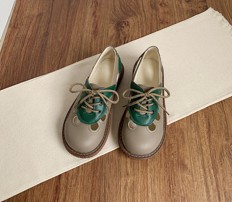 Women's Lace-Up Contrast Color Hollow Leather Casual Shoes