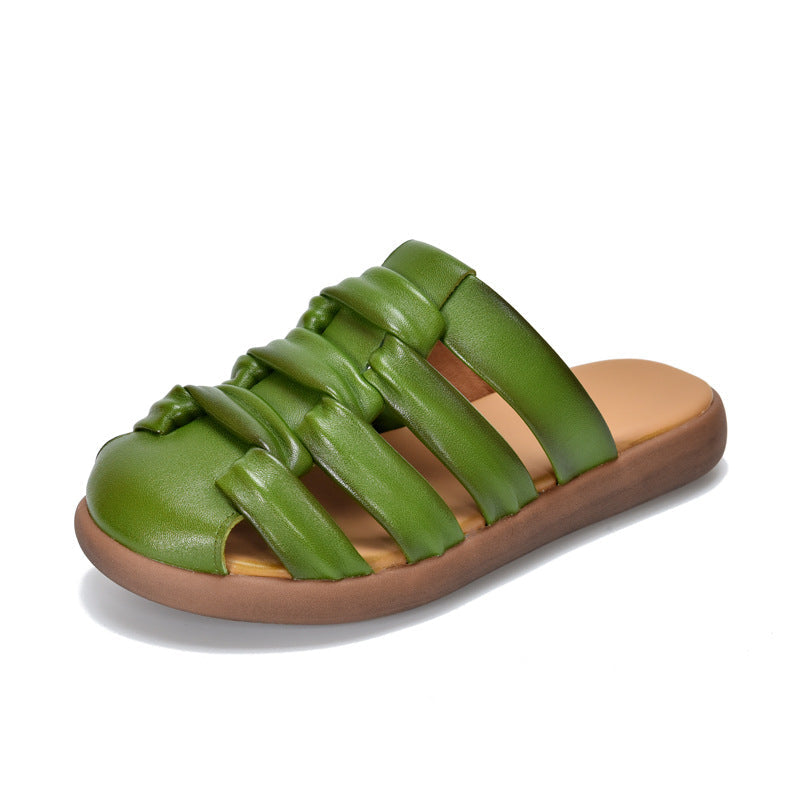 Summer Retro Leather Closed Toe Cut Out Soft Flat Slippers
