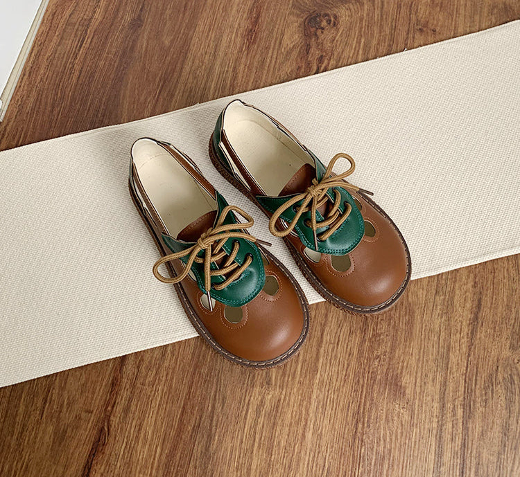 Women's Lace-Up Contrast Color Hollow Leather Casual Shoes