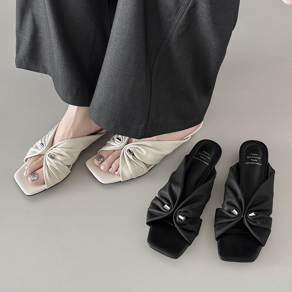 Vintage Sheepskin Leather Pleated Open Toe Metal Buckle Slippers