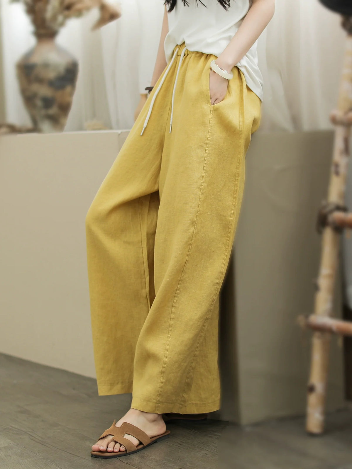 Spring Retro Linen Casual Versatile Elastic Waist Loose Pants