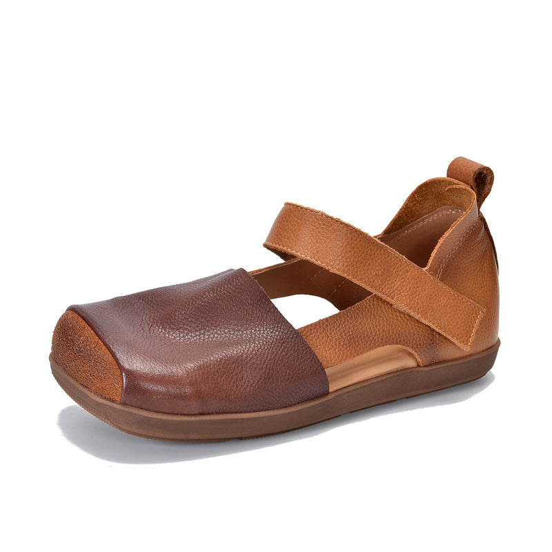 Vintage Leather Closed Toe Patchwork Soft Flat Sole Sandals
