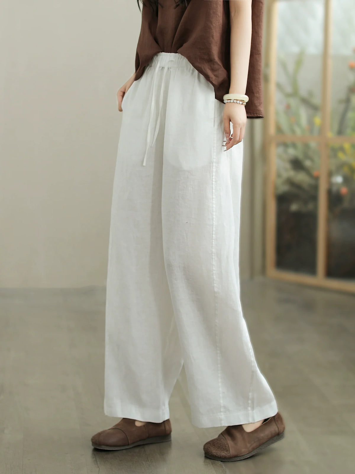 Spring Retro Linen Casual Versatile Elastic Waist Loose Pants