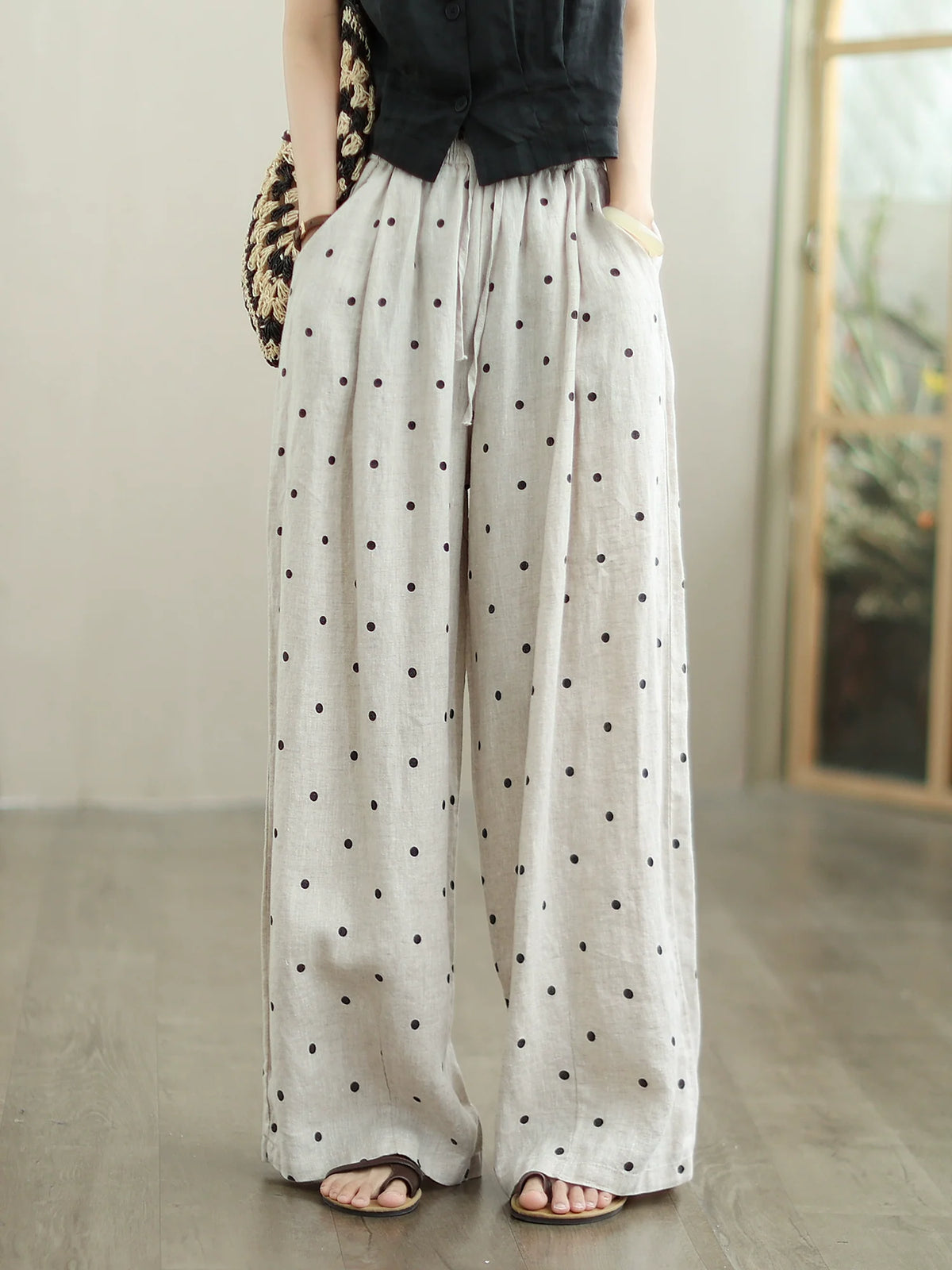 Babakud Women Fashionable Linen Polka Dots Versatile Pants
