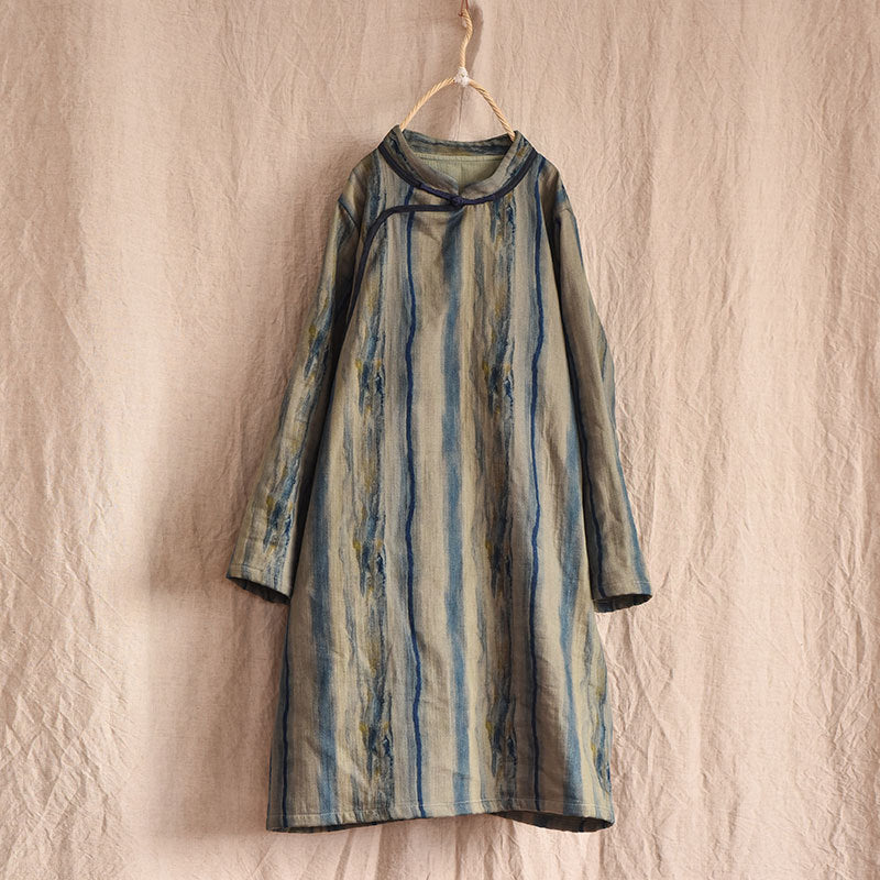 Vintage Asymmetric Front Striped Cotton Linen Dress for Women