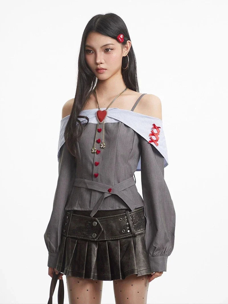 Off Shoulder Heart Button Shirt