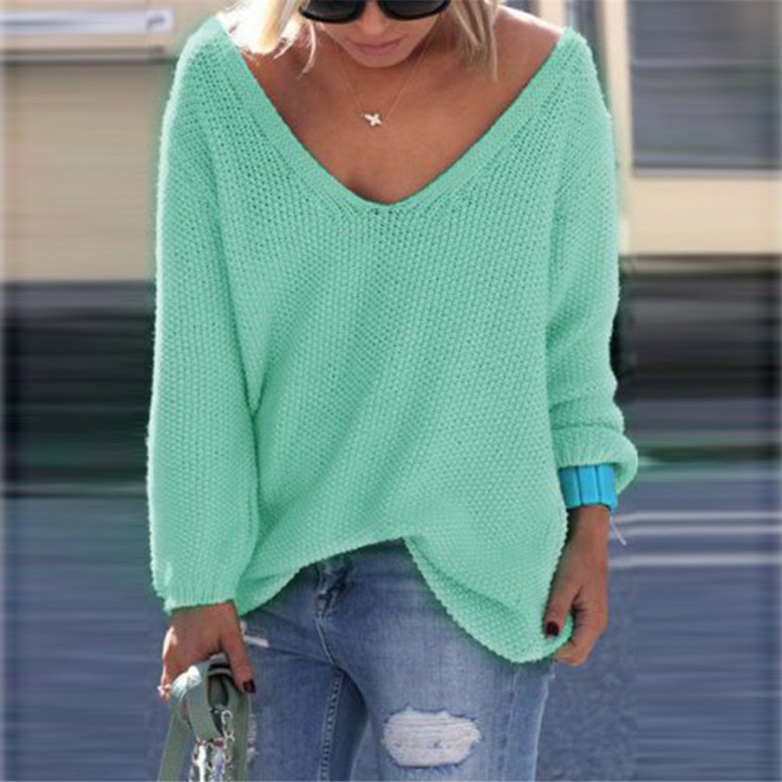 V-NECK LOOSE KNIT PURE COLOR PULLOVER SWEATER