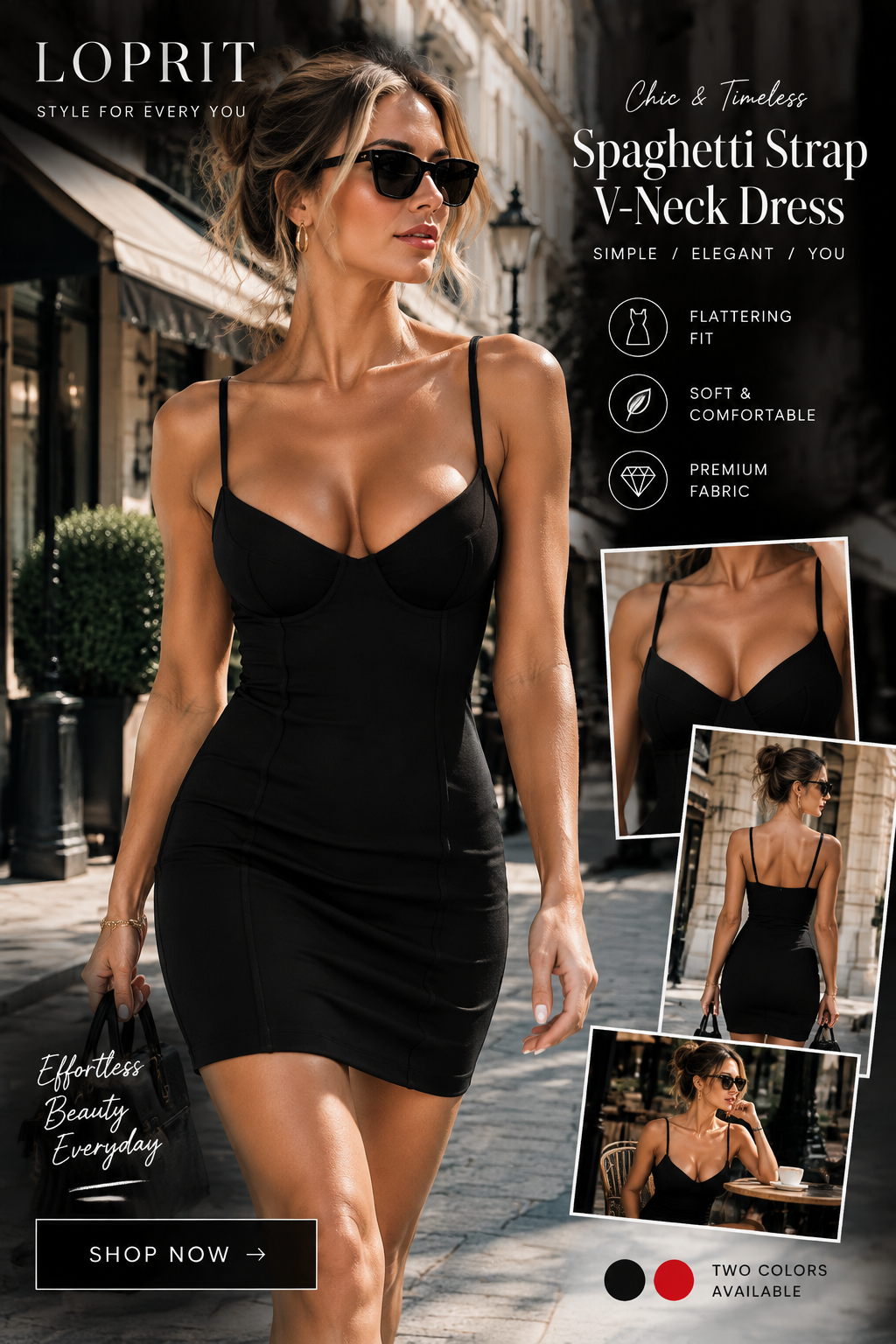 Fashionable woman wearing a black V-neck mini dress during a European street style photoshoot