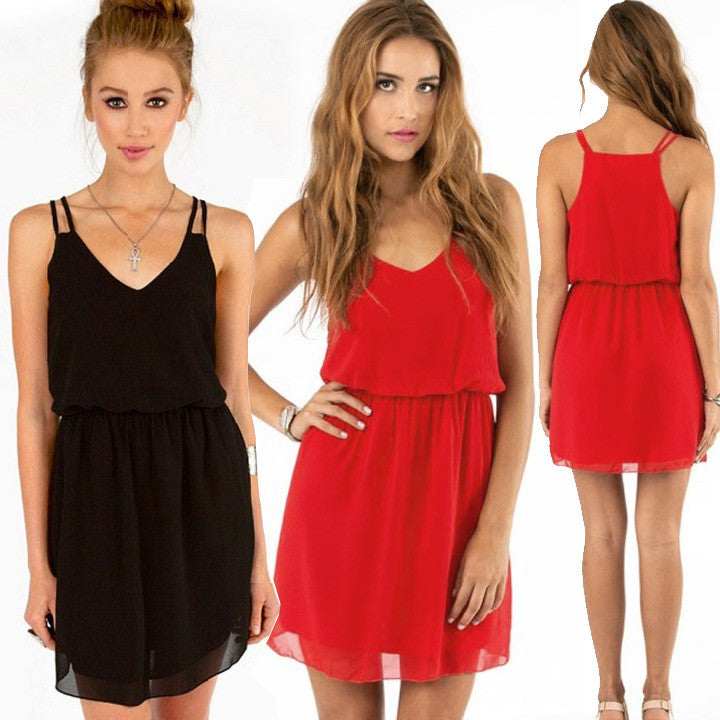 Low-Cut V Neck Strap Chiffon Mini Tank Dress - O Yours Fashion - 1