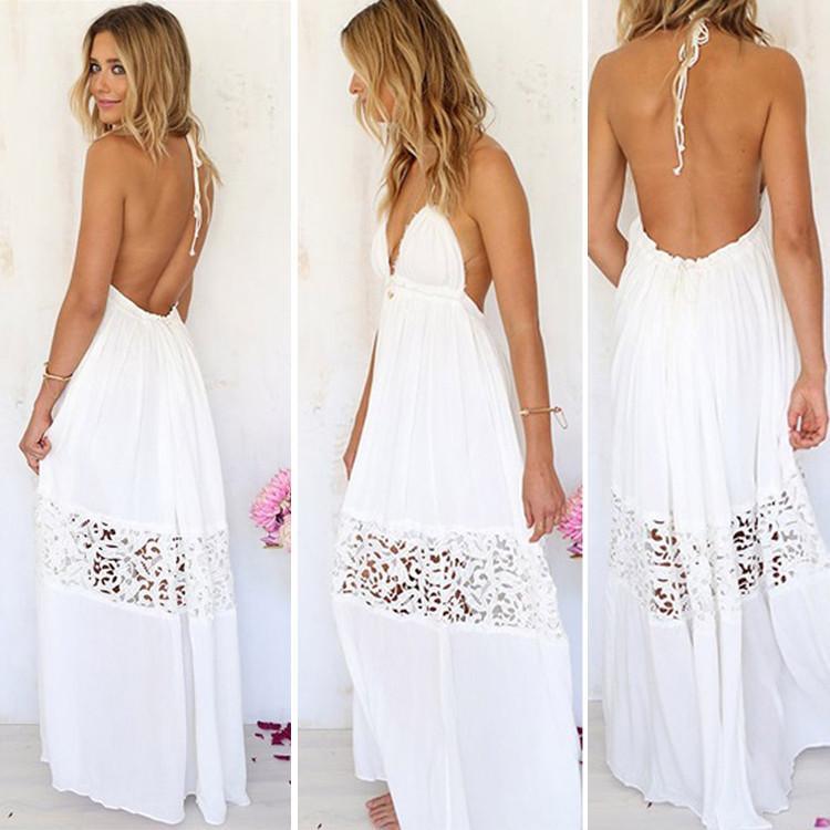 V-NECK BACKLESS CROCHET MAXI BEACH DRESS