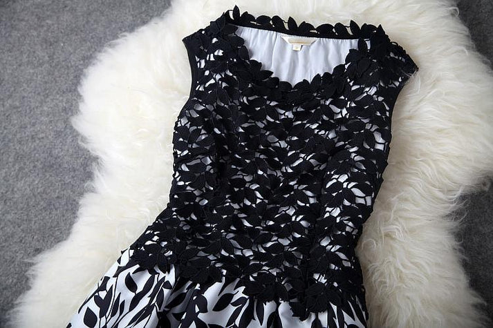 UNIQUE LEAF PRINT CROCHET LACE BALL GOWN DRESS