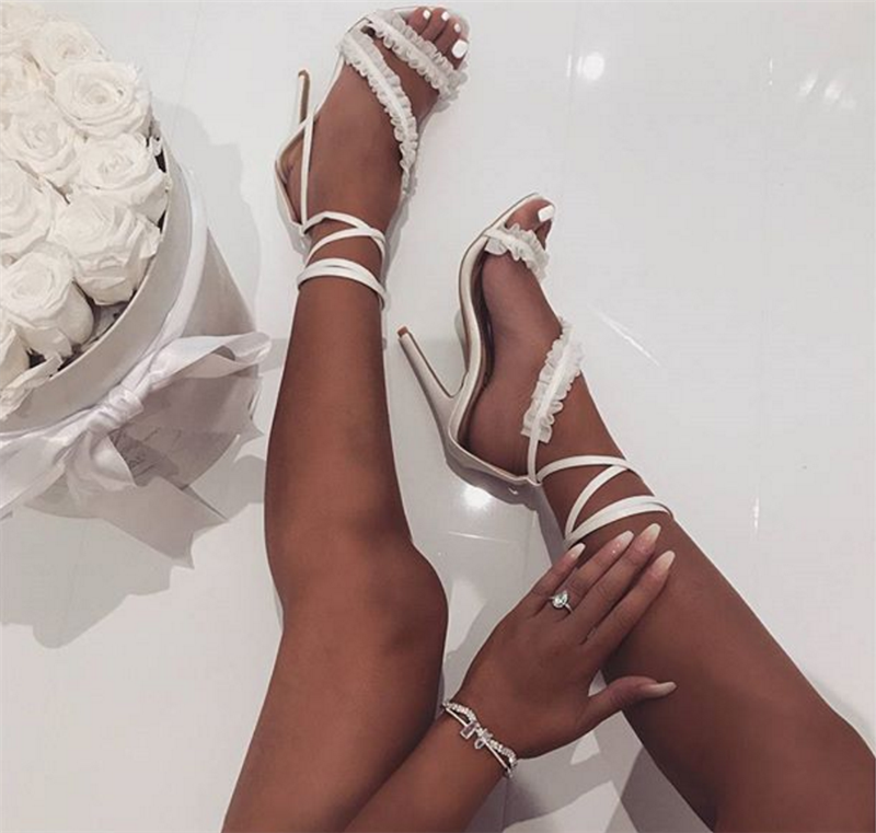 STRAPS ANKLE LACE UP OPEN TOE STILETTO HIGH HEELS SANDALS