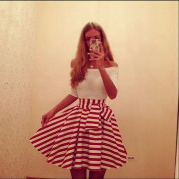 SPLICING HALF SLEEVE OFF SHOULDER STRIPED SHORT SKATER DRESS