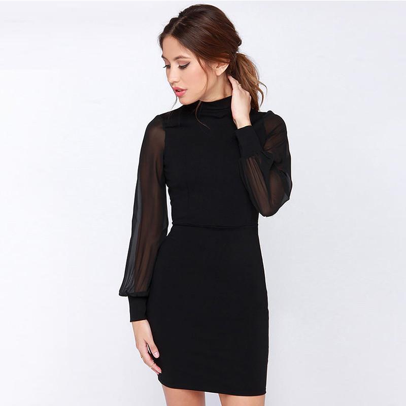 SLIM PURE COLOR SPLICING BACKLESS LONG SLEEVE SHORT DRESS