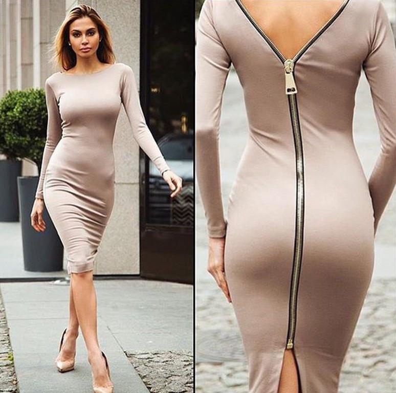 ZIPPER LONG SLEEVE PURE COLOR O-NECK KNEE-LENGTH DRESS