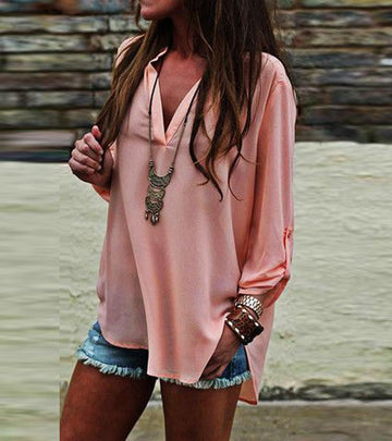 V-NECK LONG SLEEVES CASUAL FASHION CHIFFON BLOUSE