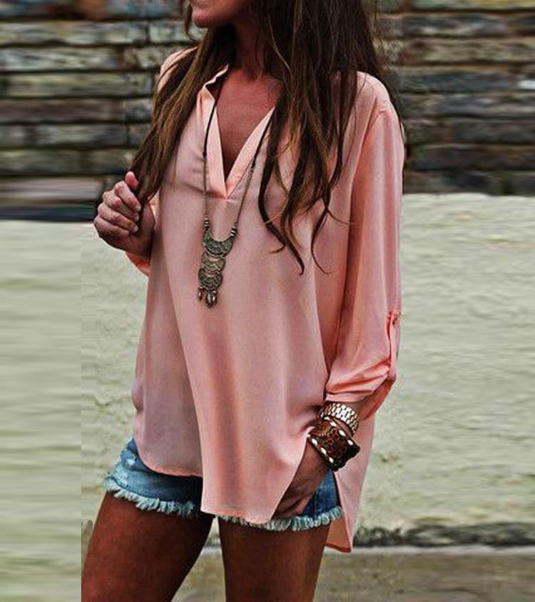 V-NECK LONG SLEEVES CASUAL FASHION CHIFFON BLOUSE