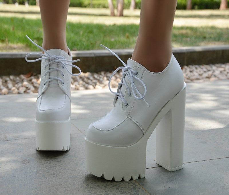 LACE-UP PU CHUNKY HEEL PLATFORM SUPER HIGH HEELS ANKLE BOOTS