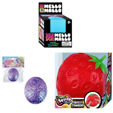 Nee Doh Bundle: Mello Mallo + Ja-Ru Jumbo Squeezy Strawberry + Orb Sugar Swaps Dragon Egg