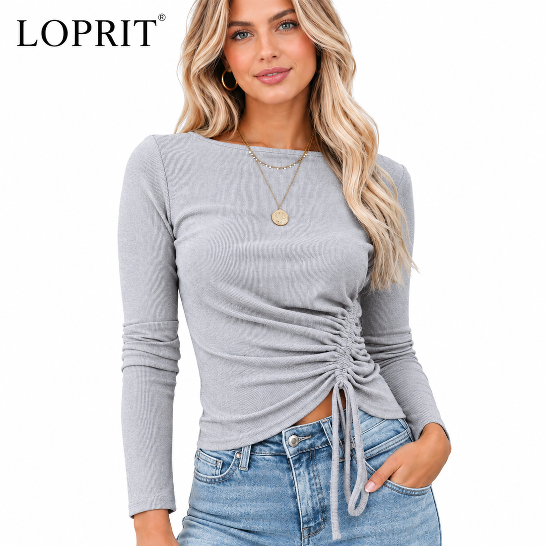 Women's slim fit drawstring sweater top featuring long sleeves and adjustable side ruching.