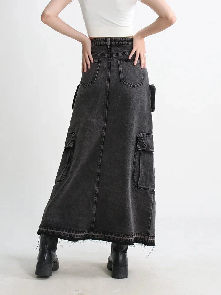 Y2K Cargo Split Denim Midi Skirt