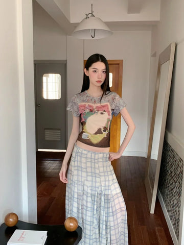 Y2K Cat Graphic Sheer Top