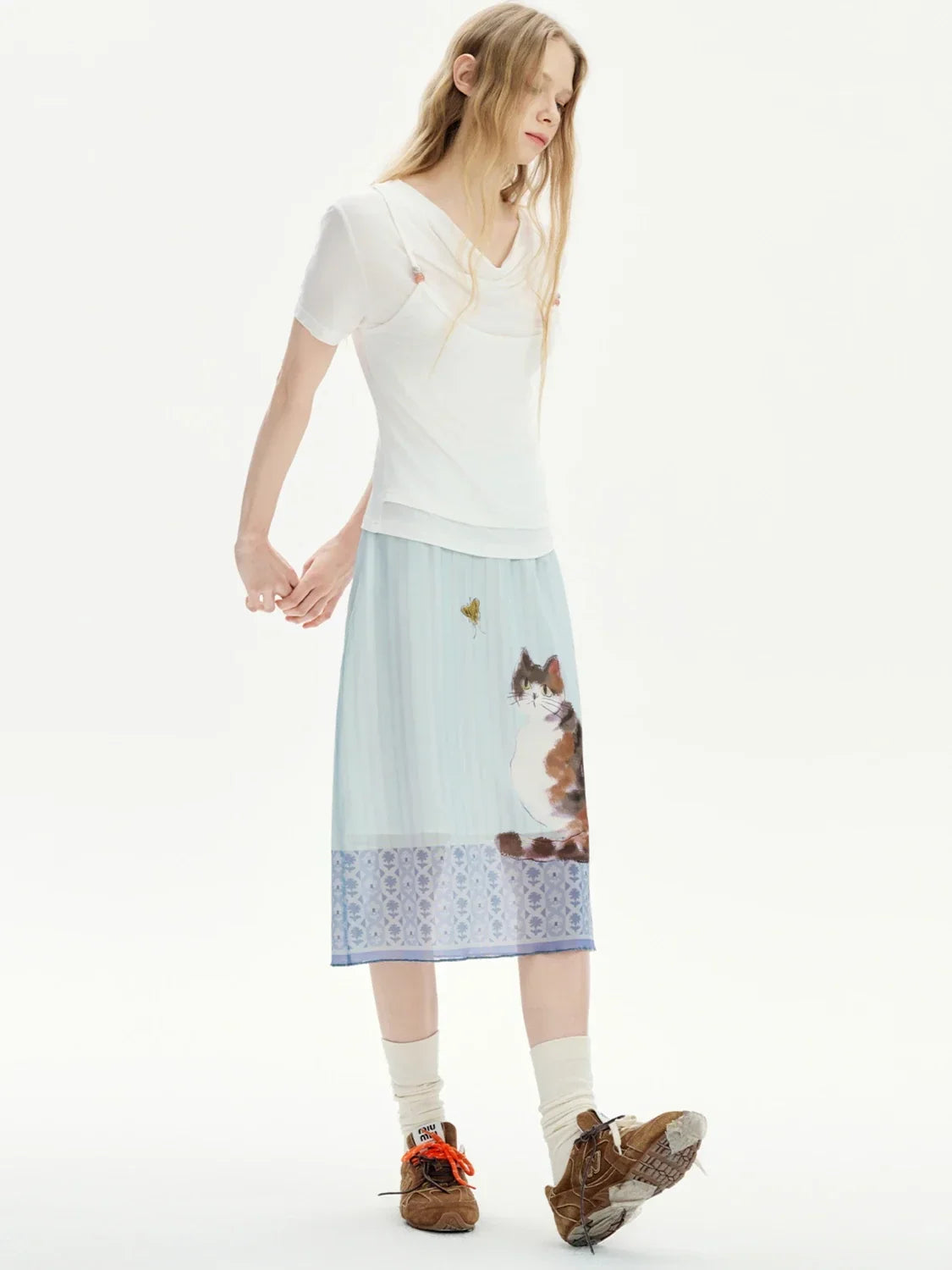 Y2K Cat Print Midi Skirt