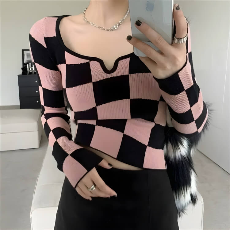 Y2K Checkered Square Neck Top