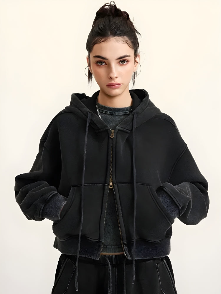Y2K Double Zip-Up Cropped Hoodie