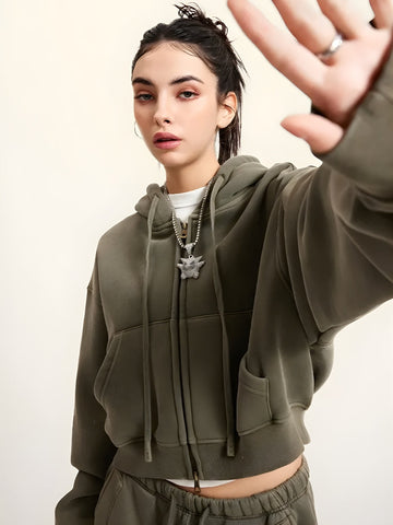 Y2K Double Zip-Up Cropped Hoodie