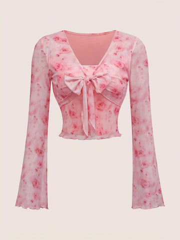 Y2K Floral Tie Front Bow Top