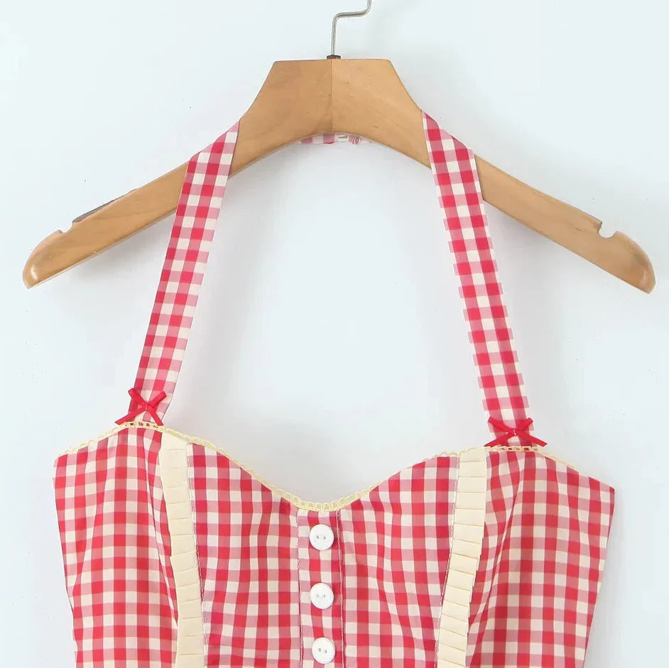 Y2K Gingham Halter Mini Dress