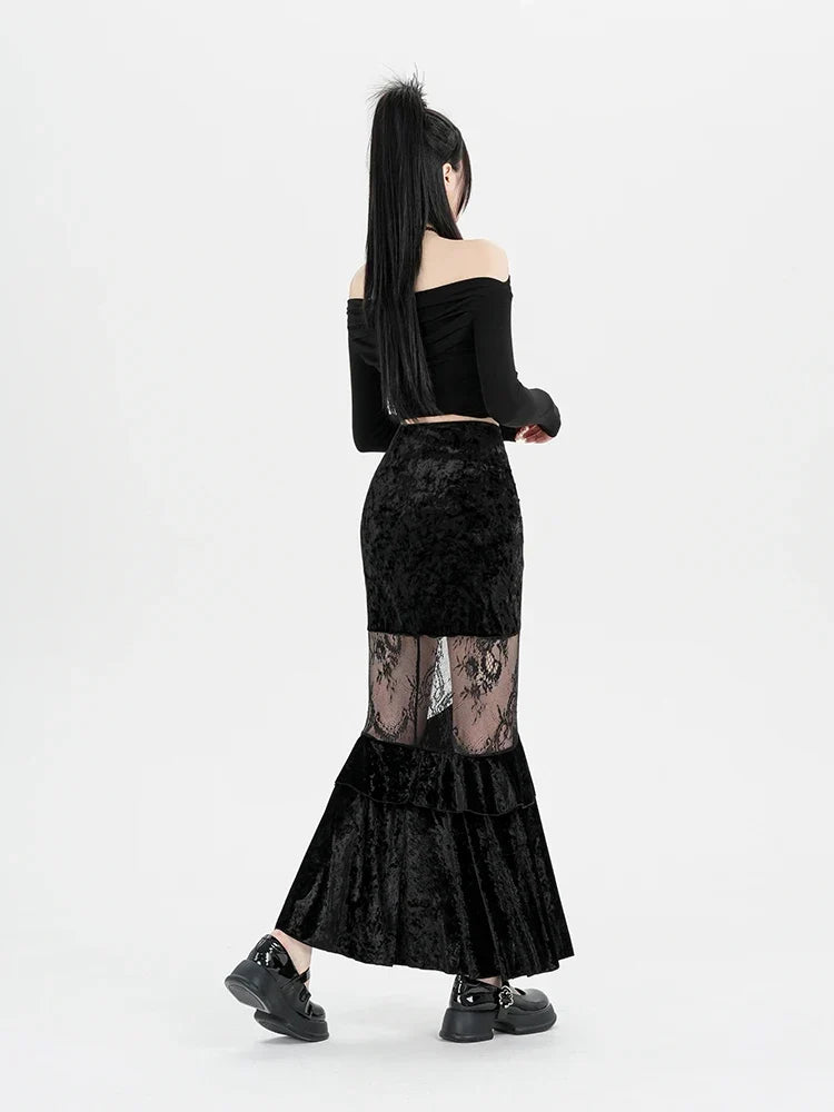 Y2K Goth Velvet Lace Maxi Skirt