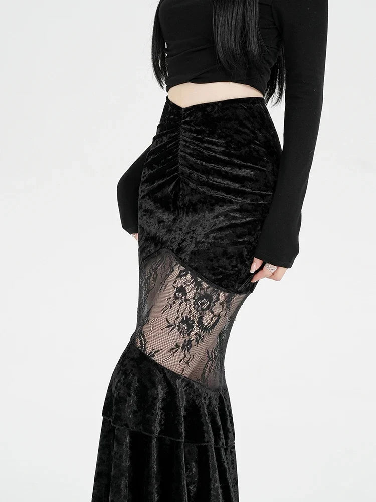 Y2K Goth Velvet Lace Maxi Skirt
