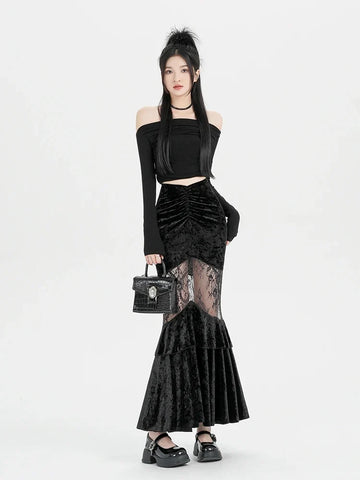 Y2K Goth Velvet Lace Maxi Skirt