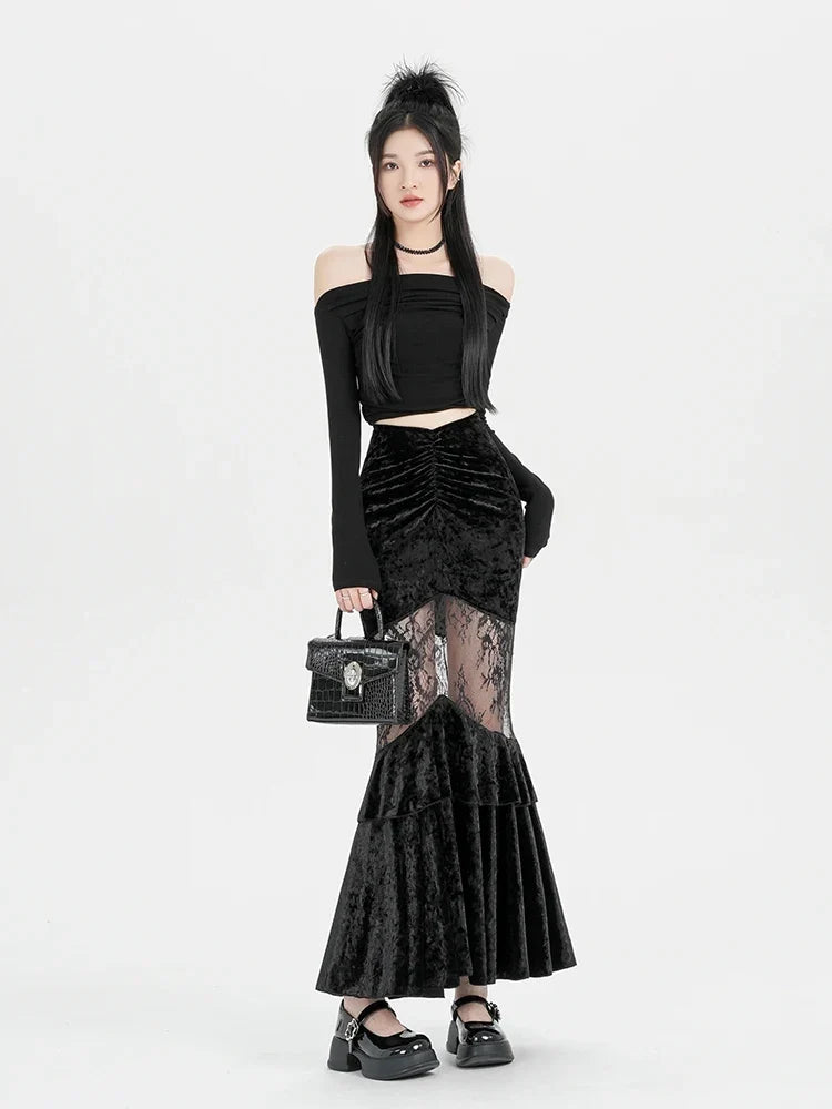 Y2K Goth Velvet Lace Maxi Skirt